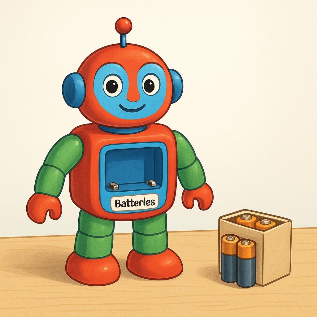 A simple, colorful toy robot with a visibly empty battery compartment, standing next to a separate package of batteries.