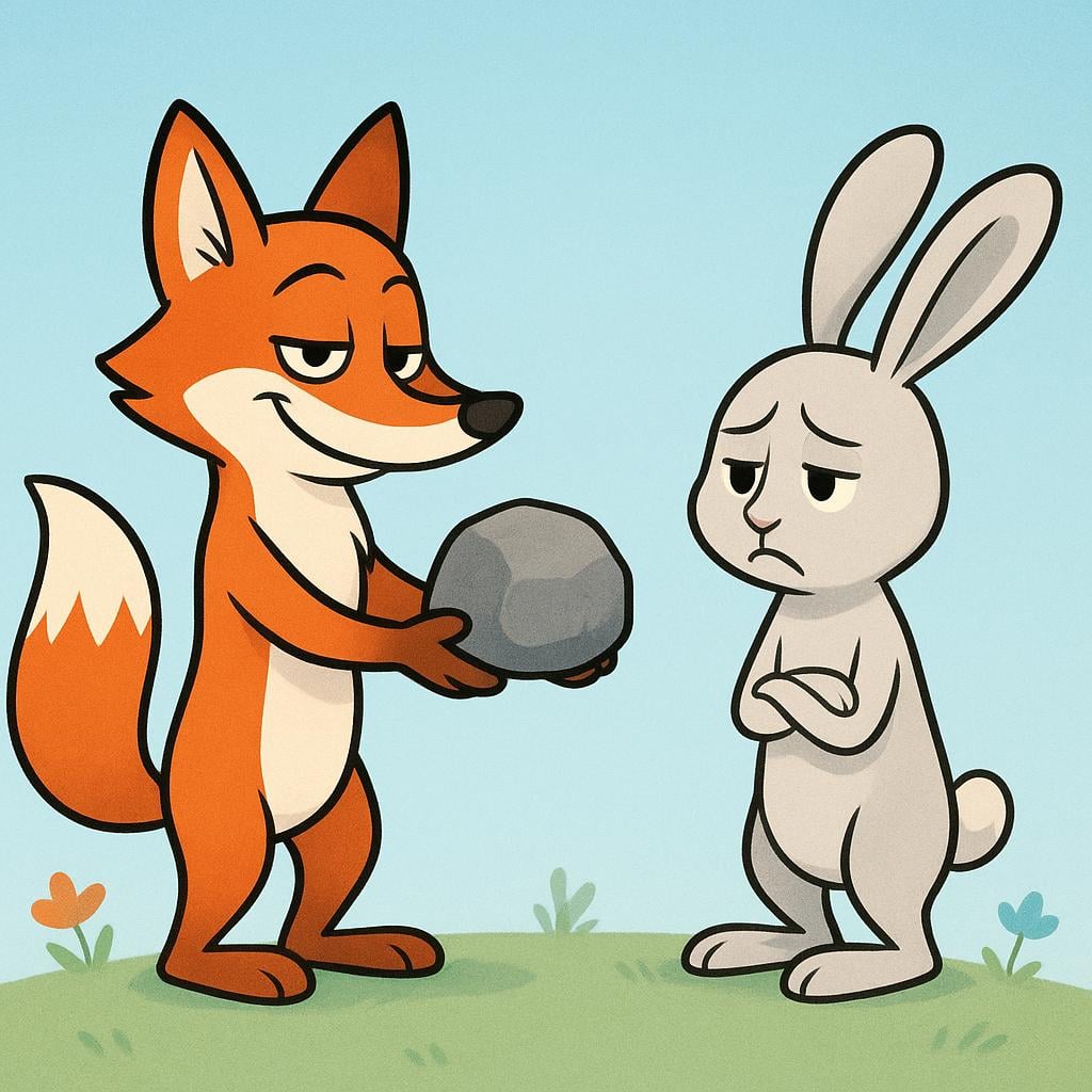 A brightly colored illustration showing a fox handing a plain grey rock to a rabbit, who has a look of disappointment, symbolizing that the rabbit was tricked.