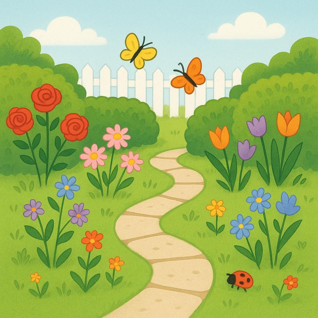 A vibrant, colorful garden filled with blooming red, yellow, and blue flowers, illustrating the concept of 'pretty'.