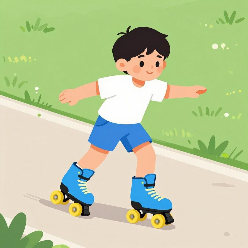 A child happily gliding on roller skates along a smooth park path.