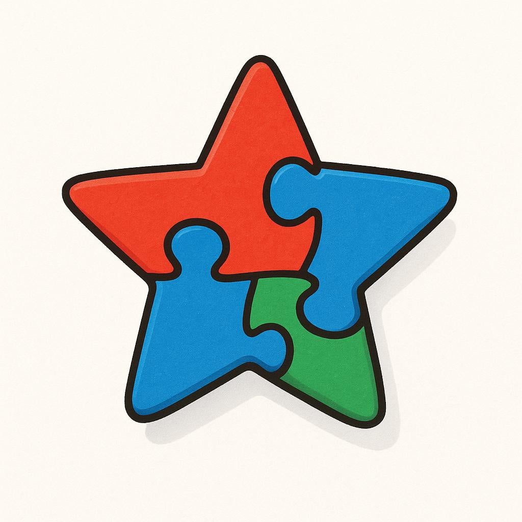 Three brightly colored, simple puzzle pieces snapped together perfectly to form a single, recognizable object like a star, illustrating coherence and logic.