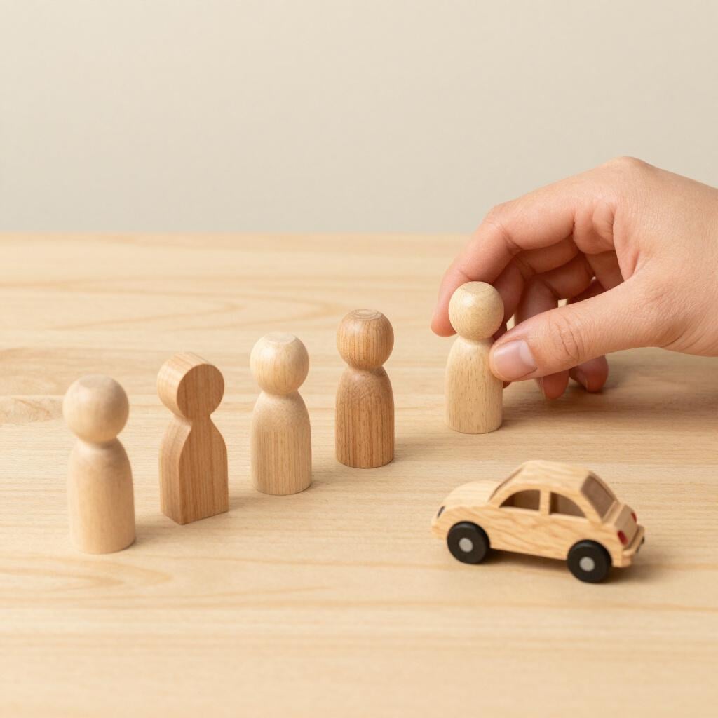 A person carefully arranging small wooden toy figures and a toy car on a table to show how a scene looked.