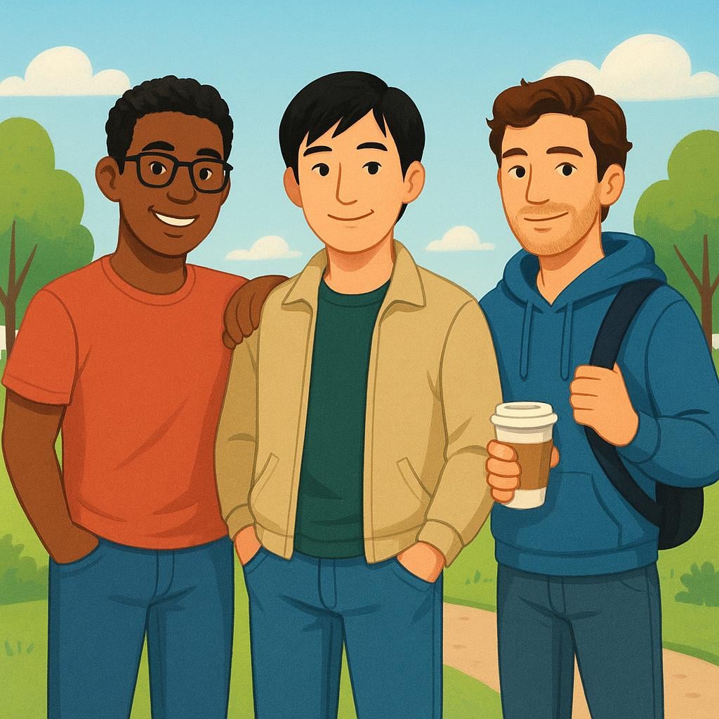 Three young adult men standing casually together in a sunny park.