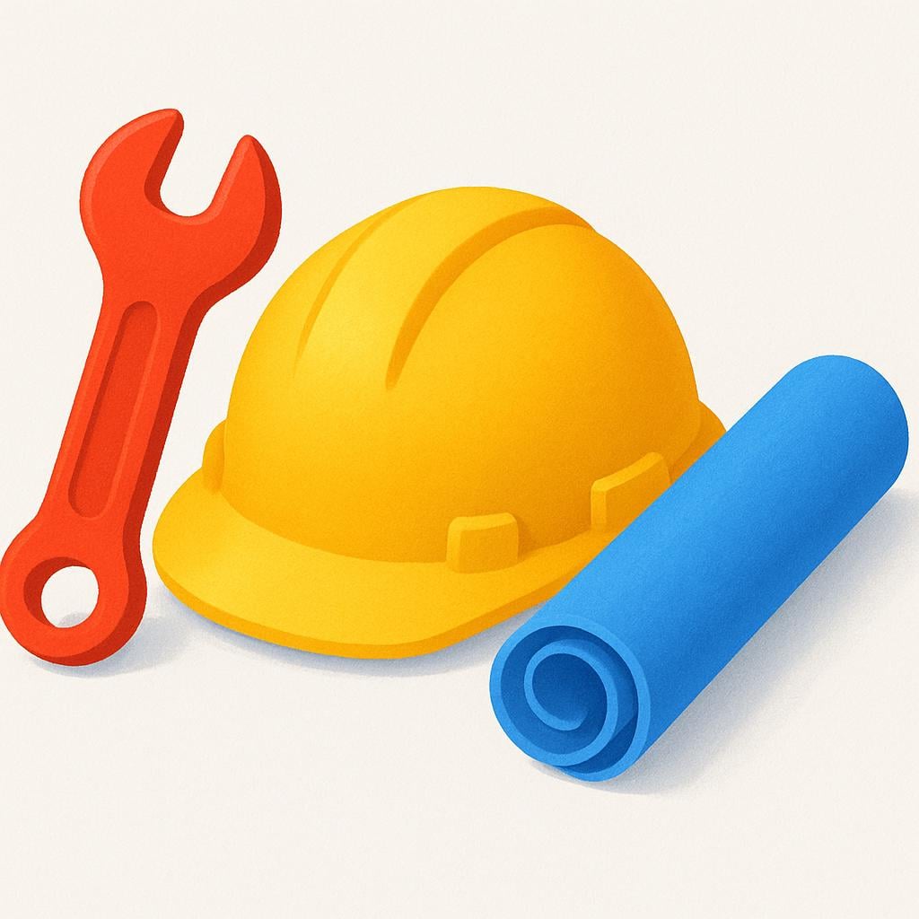 A flat lay of tools associated with skilled labor, including a bright red wrench, a yellow hard hat, and a blue rolled blueprint, symbolizing items related to a job or career.