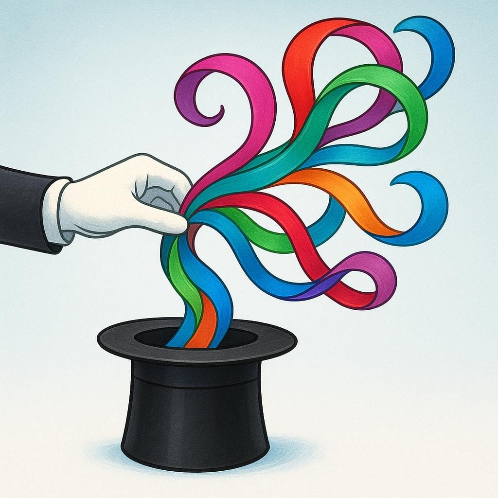 A gloved hand reaching into a black top hat, pulling out a long, continuous stream of colorful silk ribbons, illustrating a magic trick.