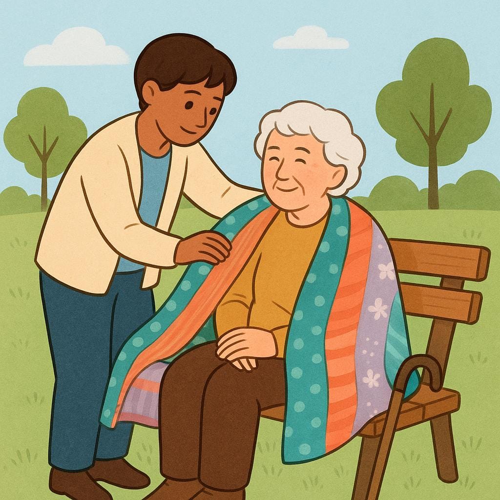 A child gently placing a warm blanket over an elderly person sitting on a park bench, illustrating an act of thoughtfulness and care.