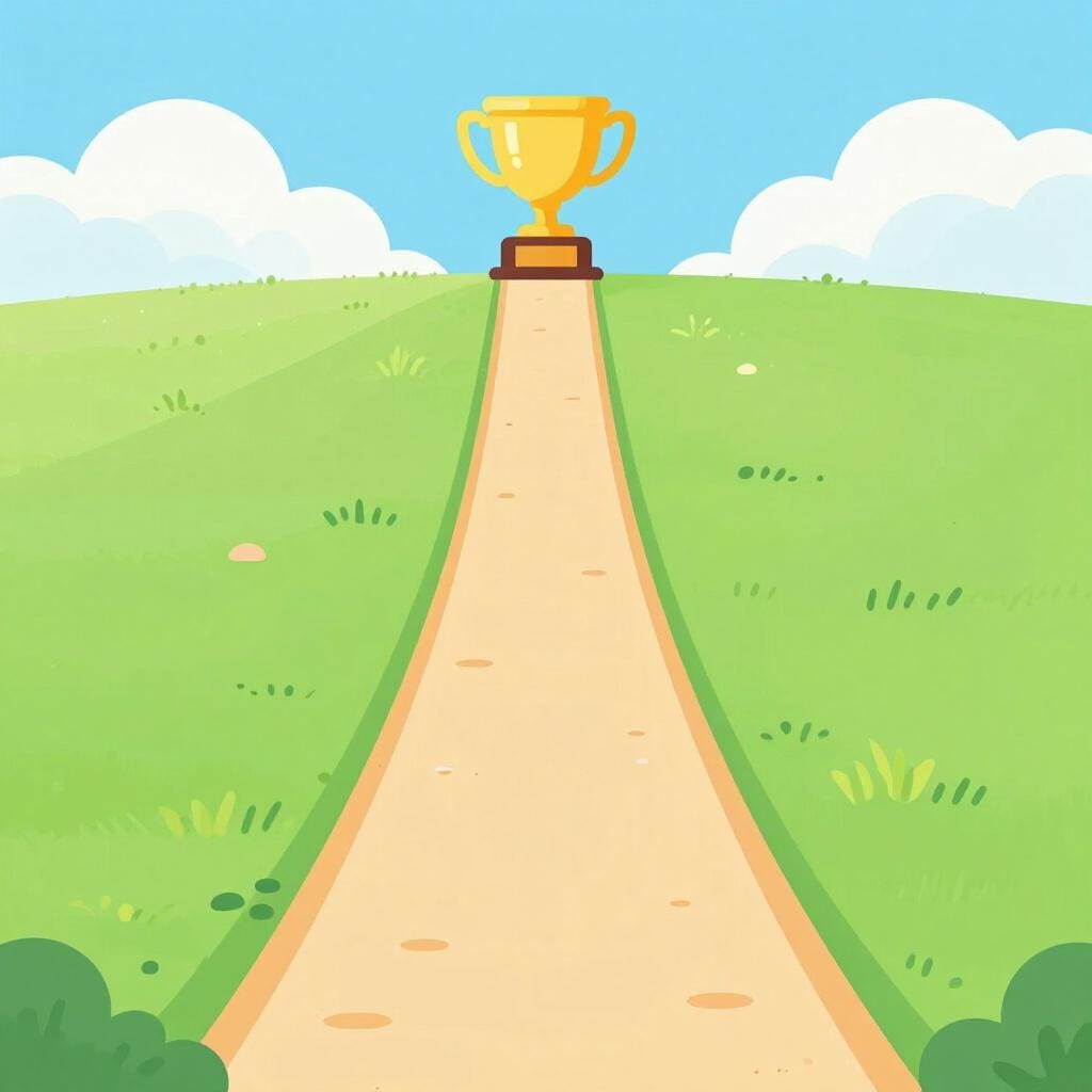 長く曲がりくねった道の最後に置かれた、輝く金色のトロフィー。