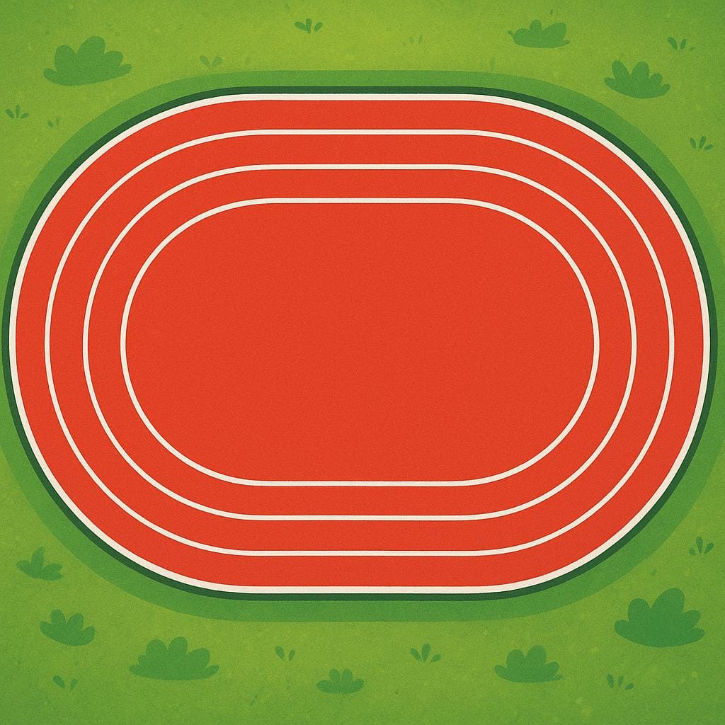 A vibrant red athletic running track with white lane lines curving around a grassy center field.