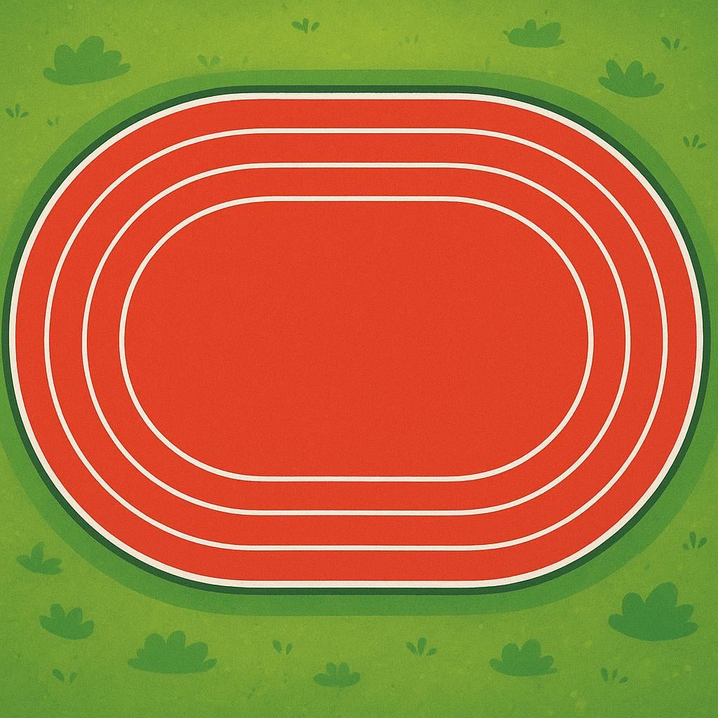 A vibrant red athletic running track with white lane lines curving around a grassy center field.