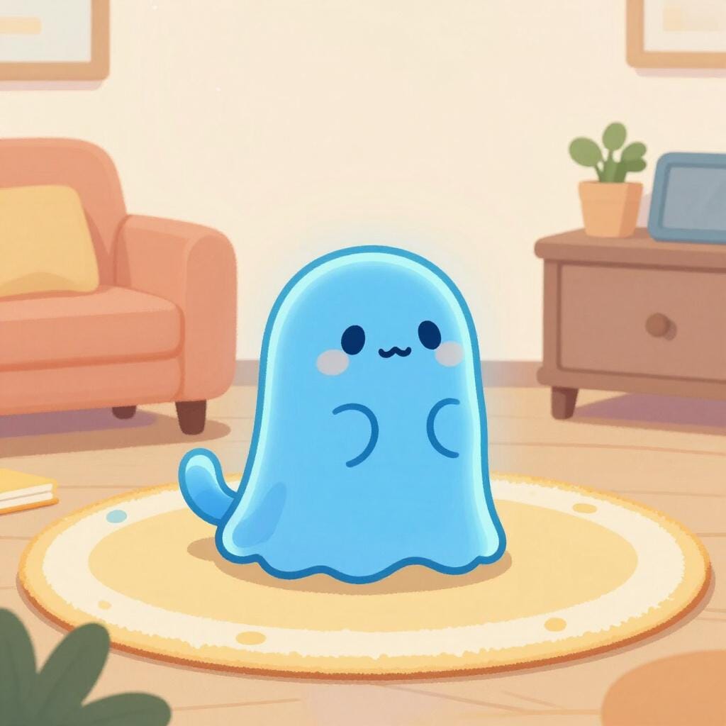 A translucent, glowing cat appearing in the middle of a cozy living room.