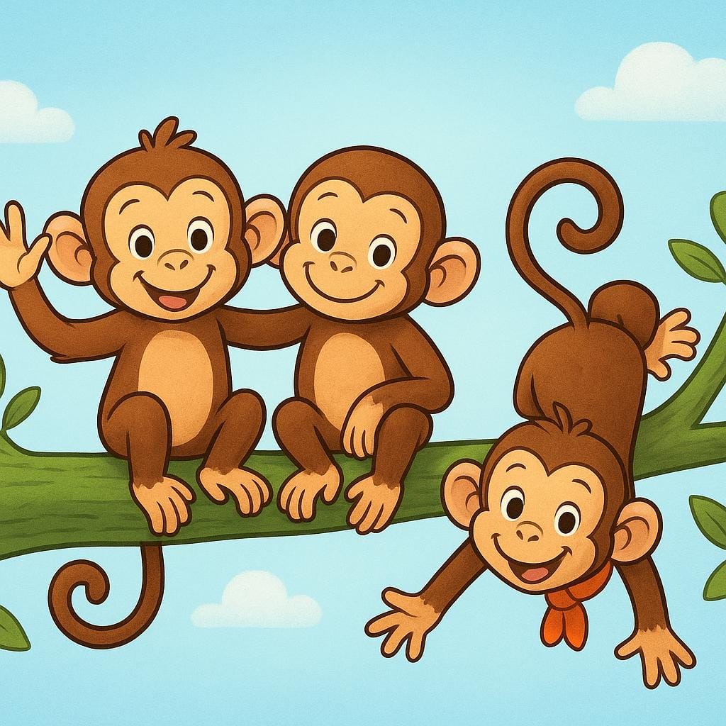 Drei verspielte braune Affen sitzen auf einem dicken grünen Ast in einer Dschungelumgebung.