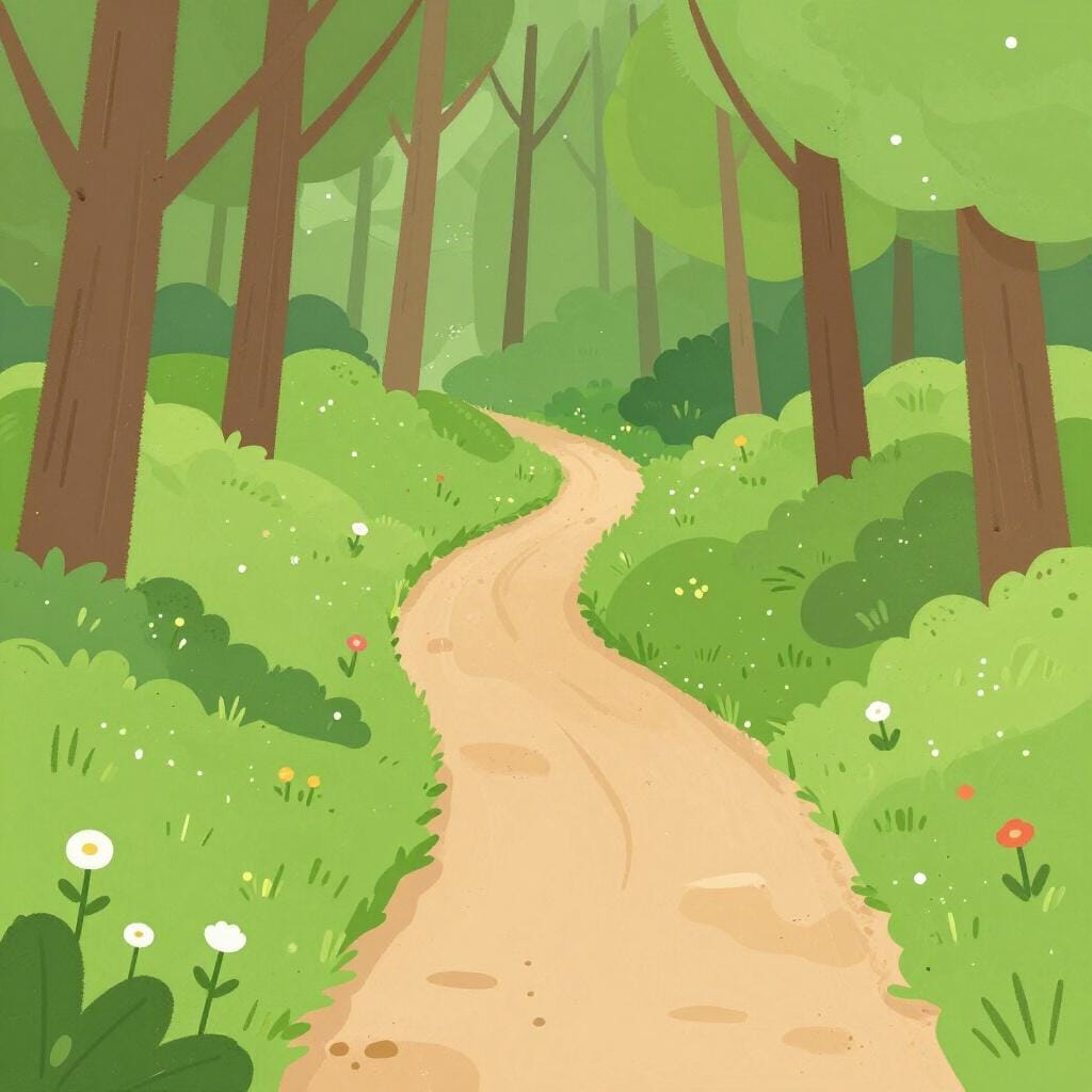 A narrow dirt path winding through a lush green forest.