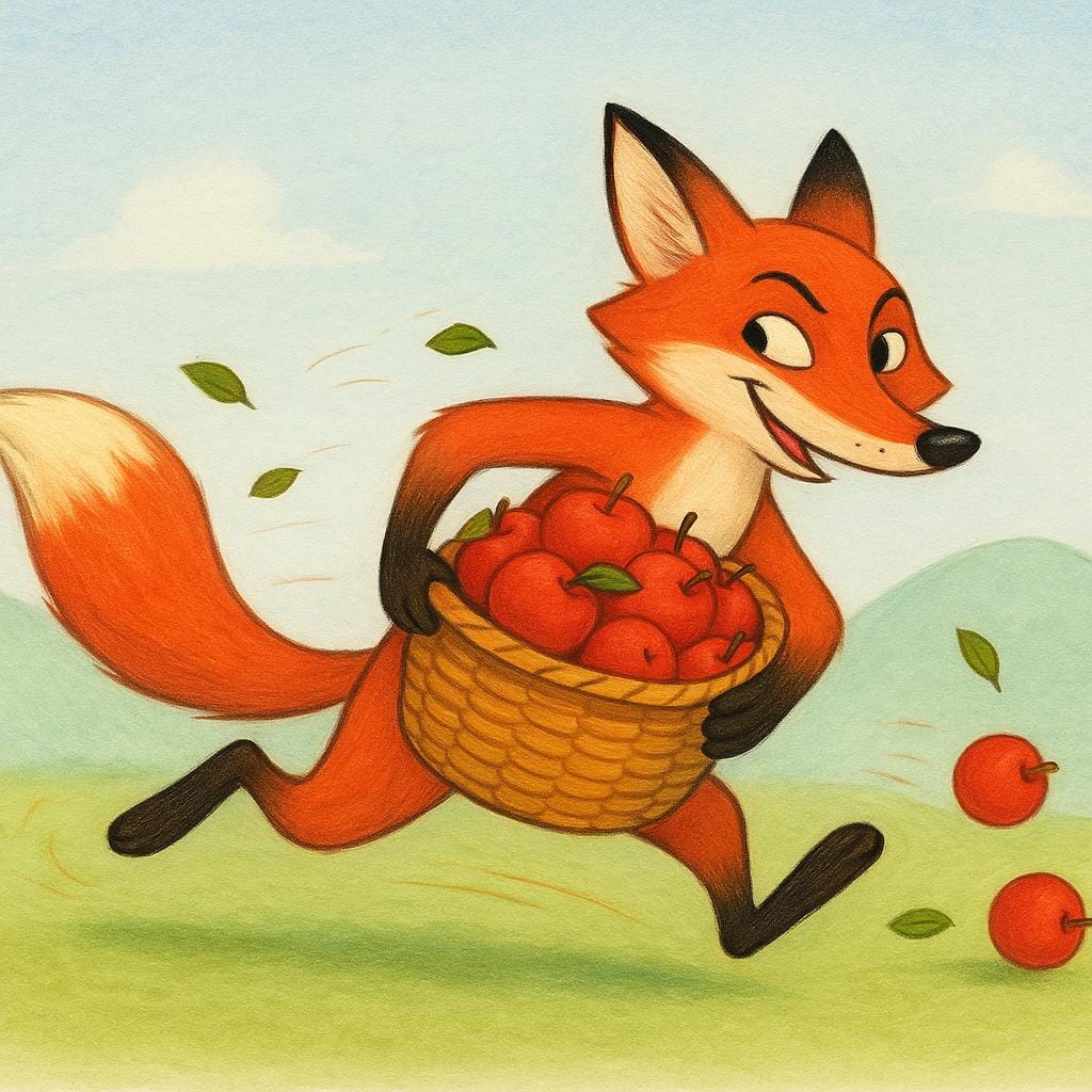 A shifty-eyed fox running quickly while holding a large, overflowing basket of stolen red apples.