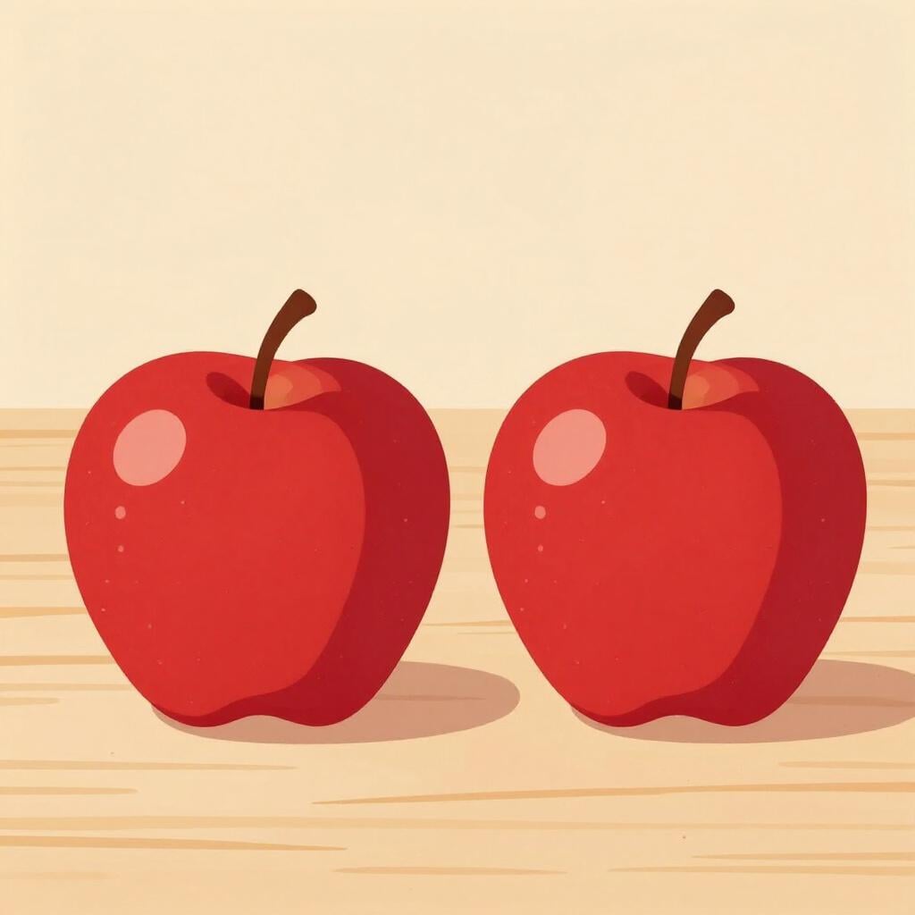Two identical red apples sitting side-by-side on a wooden table.