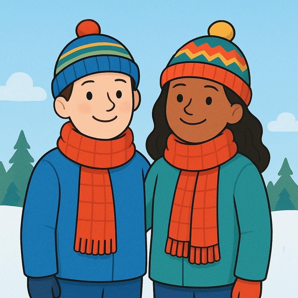 Un'illustrazione colorata di un libro di fiabe di due persone felici in piedi una accanto all'altra, entrambe con sciarpe rosse identiche e cappelli di lana colorati.