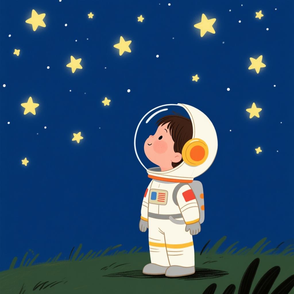 A small child wearing a toy astronaut helmet, standing outdoors at night, gazing up at a sky full of bright stars.