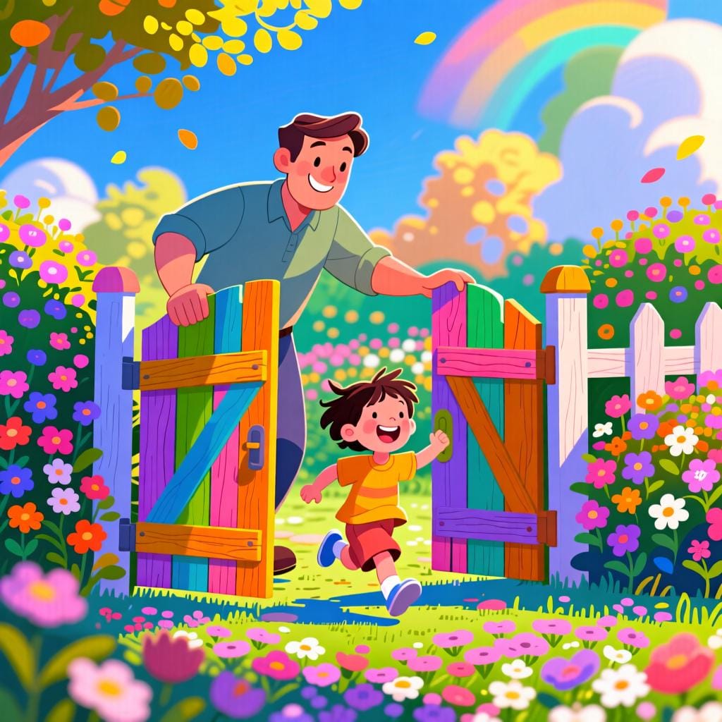 An adult holding open a small gate to allow a delighted child to run into a sunny, flower-filled garden.