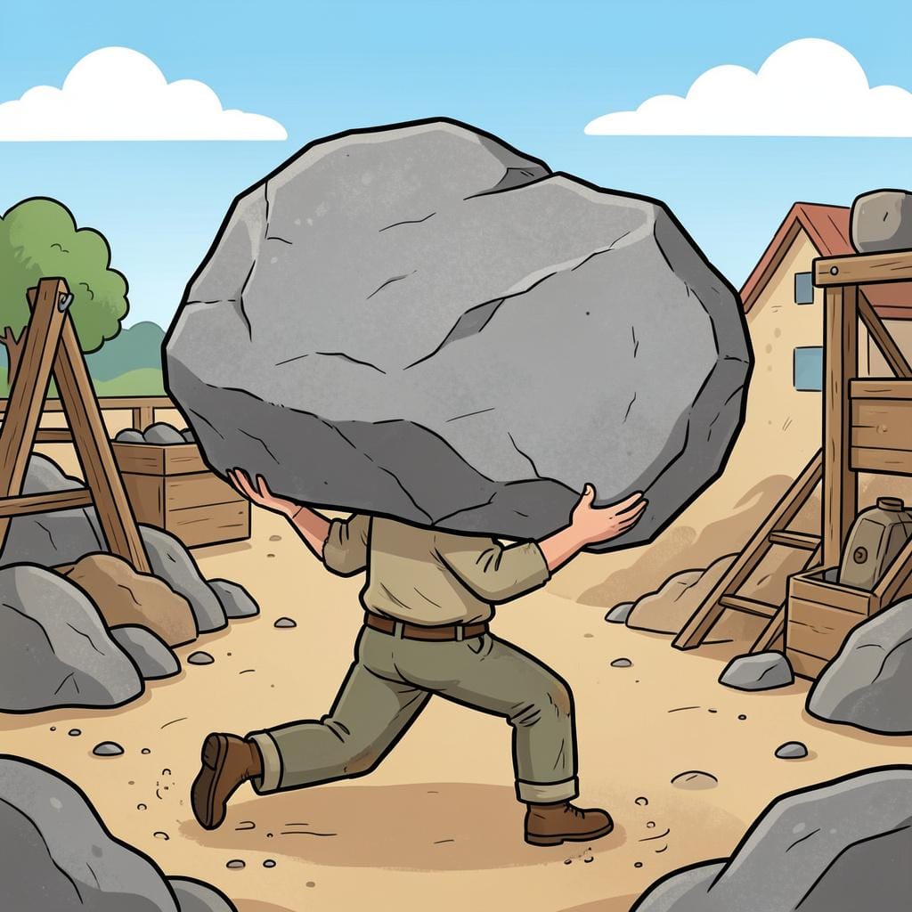 A person in simple historical work clothes carrying a heavy stone in a quarry.