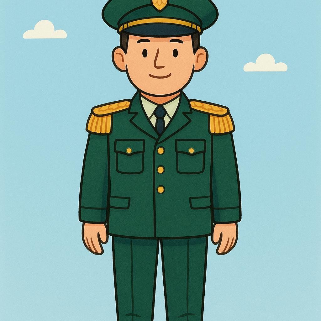 A portrait of a male figure dressed in a formal military uniform with visible rank insignia on the shoulders and a matching cap, depicting a commander.