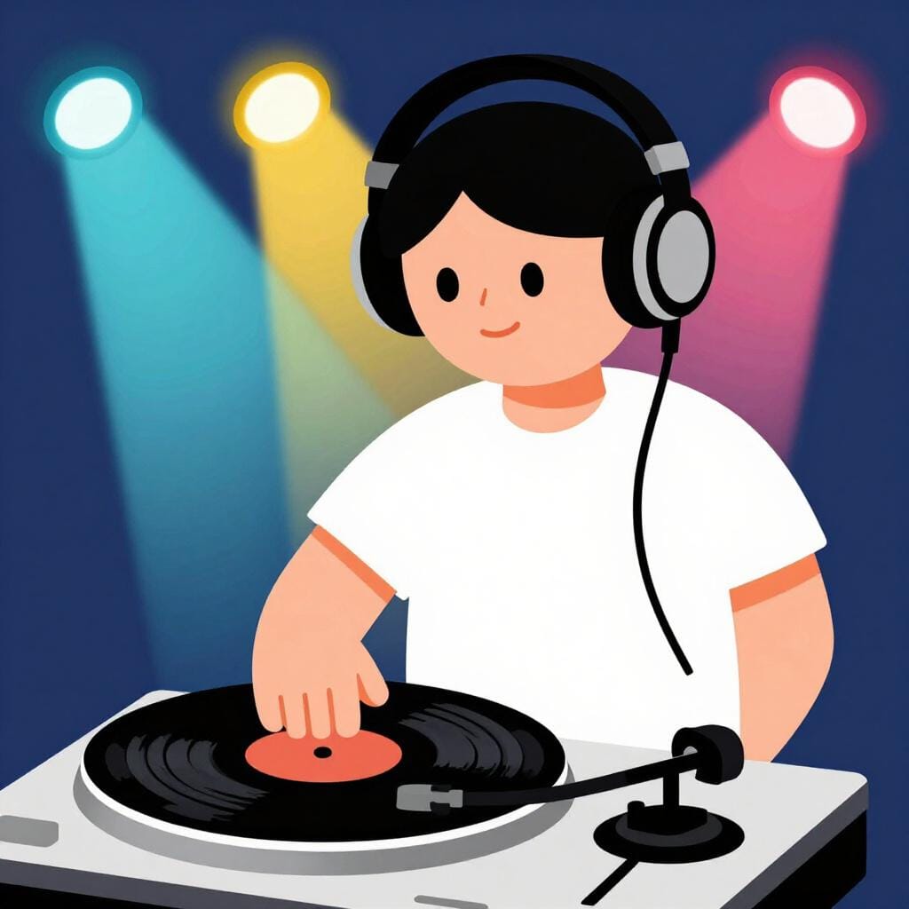 A person wearing headphones standing behind a turntable with a vinyl record.