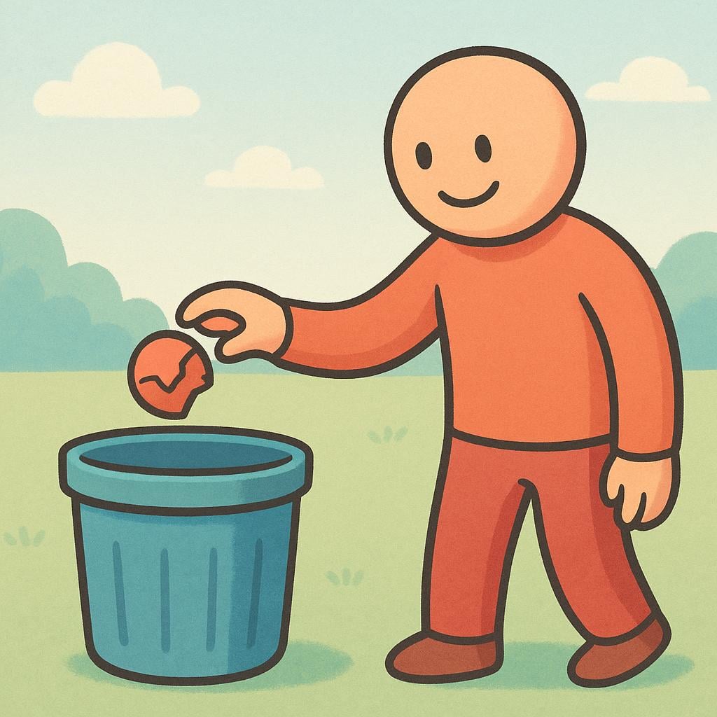 A person happily tossing a broken, unwanted object into a large trash receptacle, symbolizing disposal.