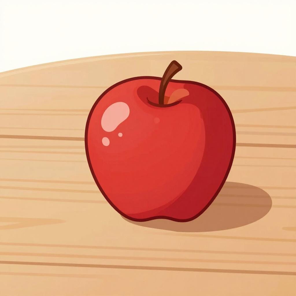 Uma única maçã vermelha sozinha sobre uma mesa de madeira depois que várias outras foram retiradas.