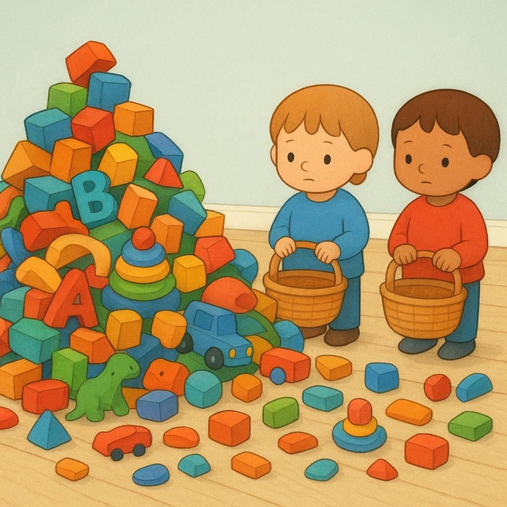 Two small figures looking at a large, chaotic pile of colorful wooden toys scattered on the floor, holding empty baskets, symbolizing a necessary task.