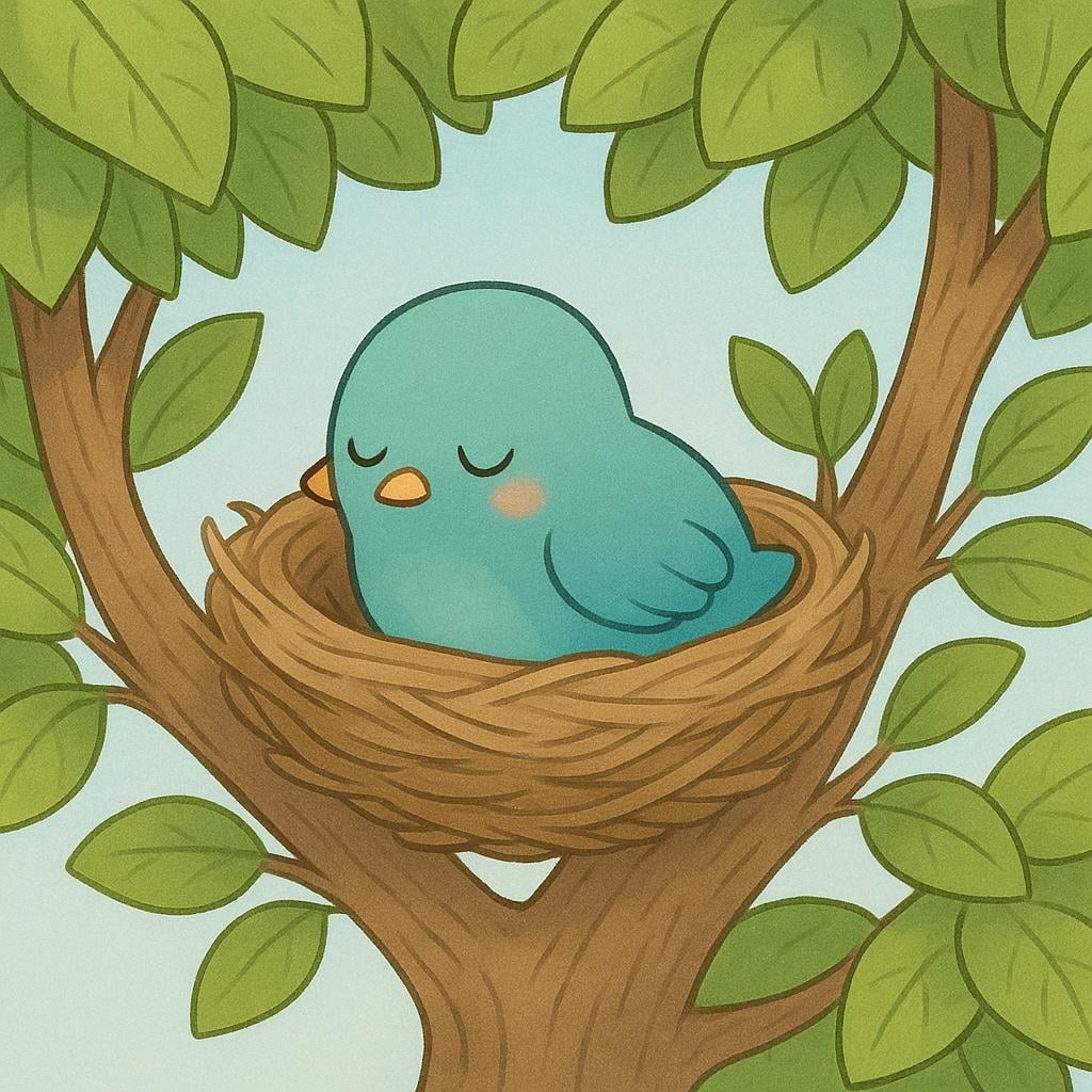 A cozy bird sitting in a nest built in a lush green tree, looking comfortable and settled.
