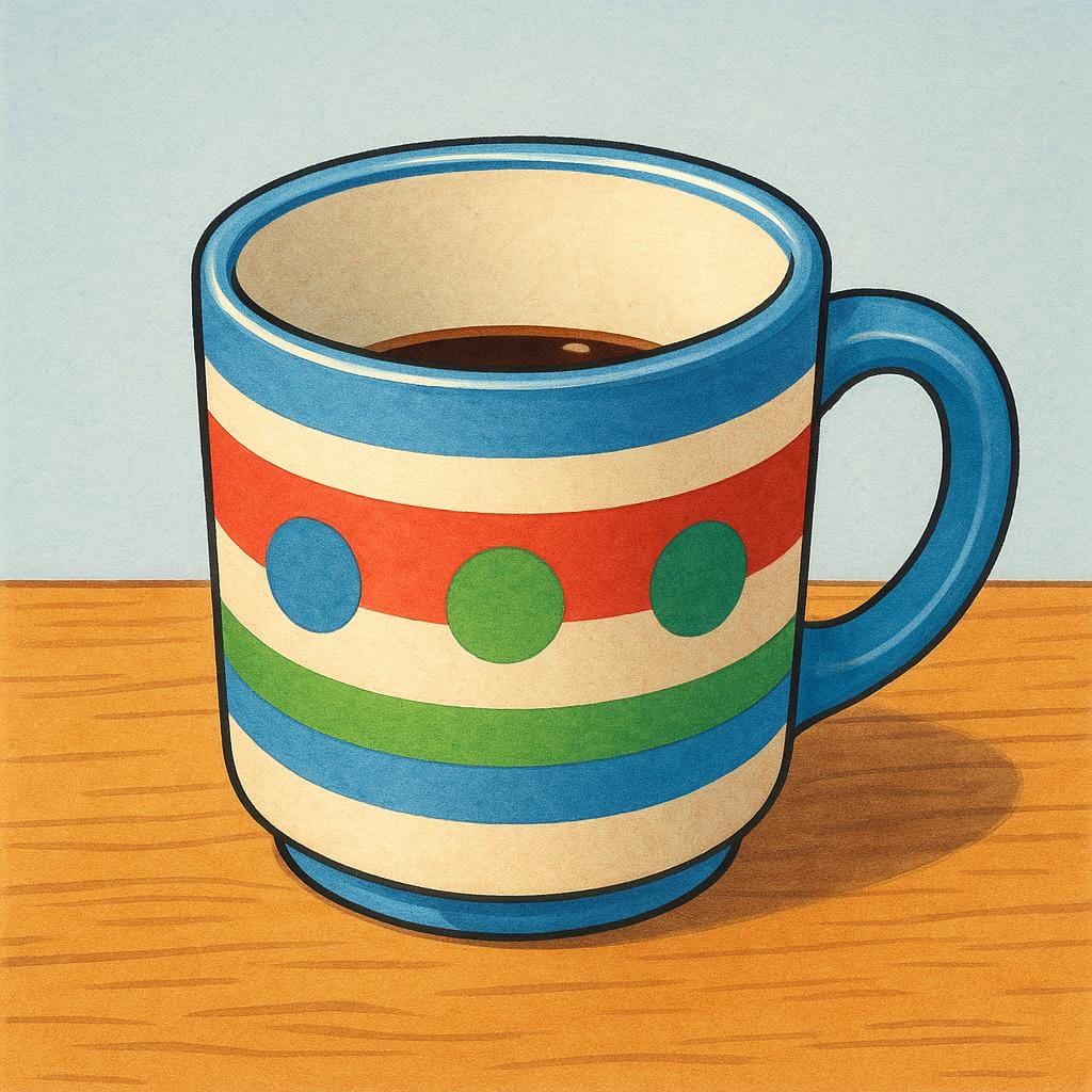 A close-up of a large, empty coffee mug showing only a few drops of dark liquid remaining at the very bottom, symbolizing a minimal amount.