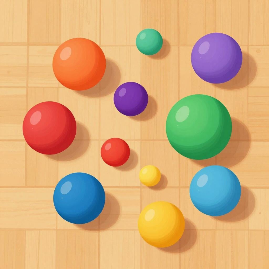 A collection of colorful balls in various sizes scattered randomly on a plain floor.