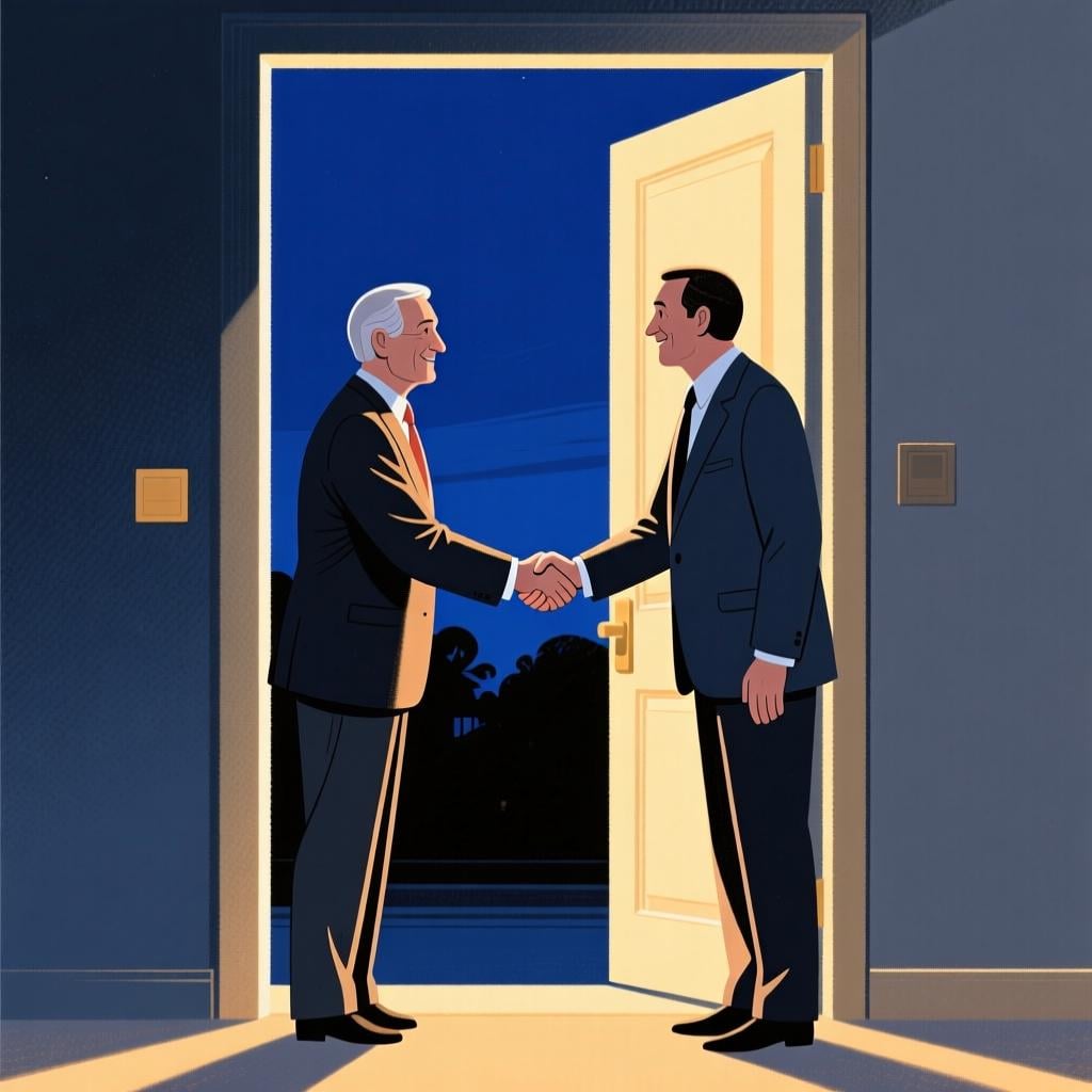 Two adult figures exchanging a formal, respectful handshake inside a warmly lit doorway. The exterior background is dark blue, indicating a scene taking place during the evening.