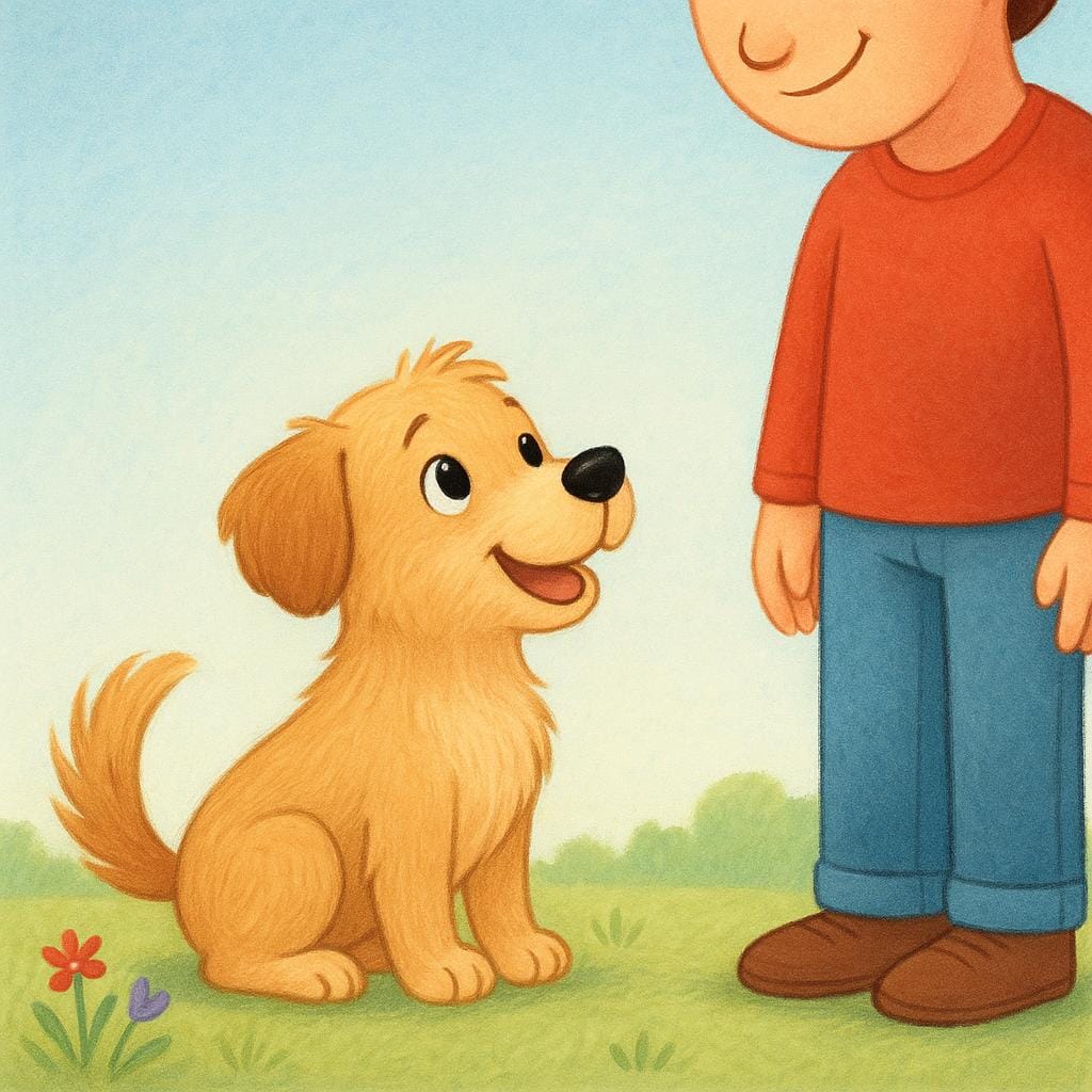 A colorful storybook illustration showing a loyal brown dog sitting patiently beside its owner, illustrating faithfulness.