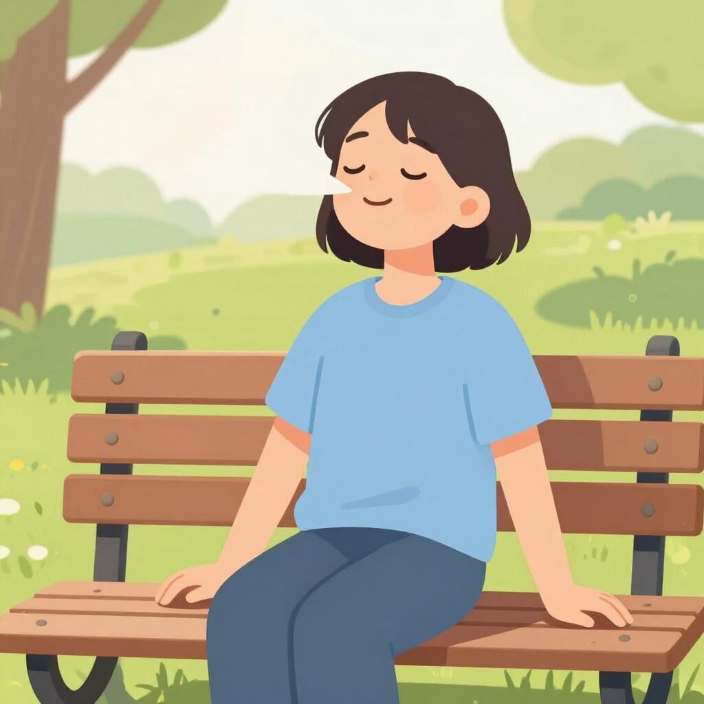 A person sitting on a park bench, exhaling with a peaceful smile, their shoulders dropped and relaxed.