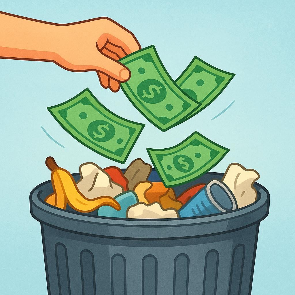 A storybook illustration showing several green paper bills falling into a trash can, symbolizing waste.