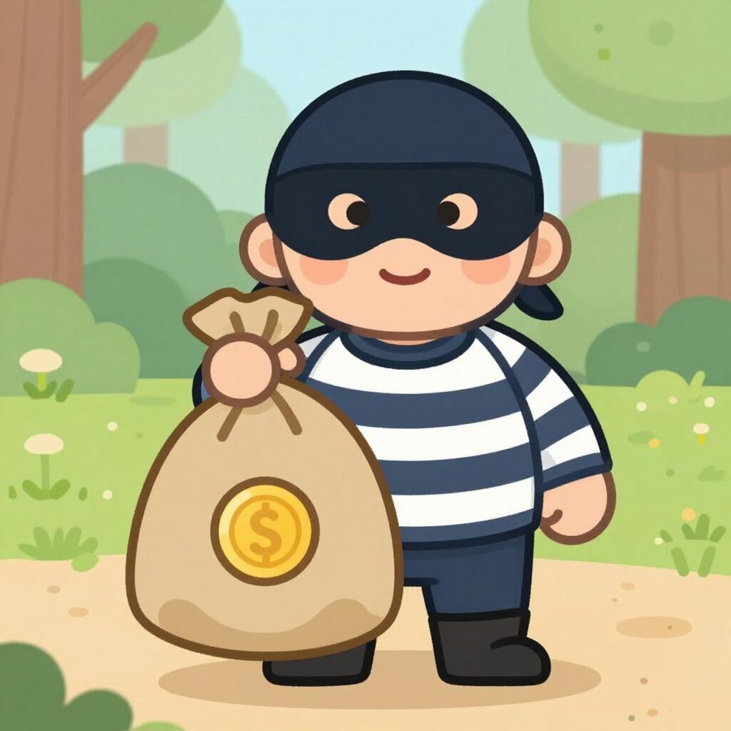 A bandit in a mask holding a bag of gold coins while standing on a path.