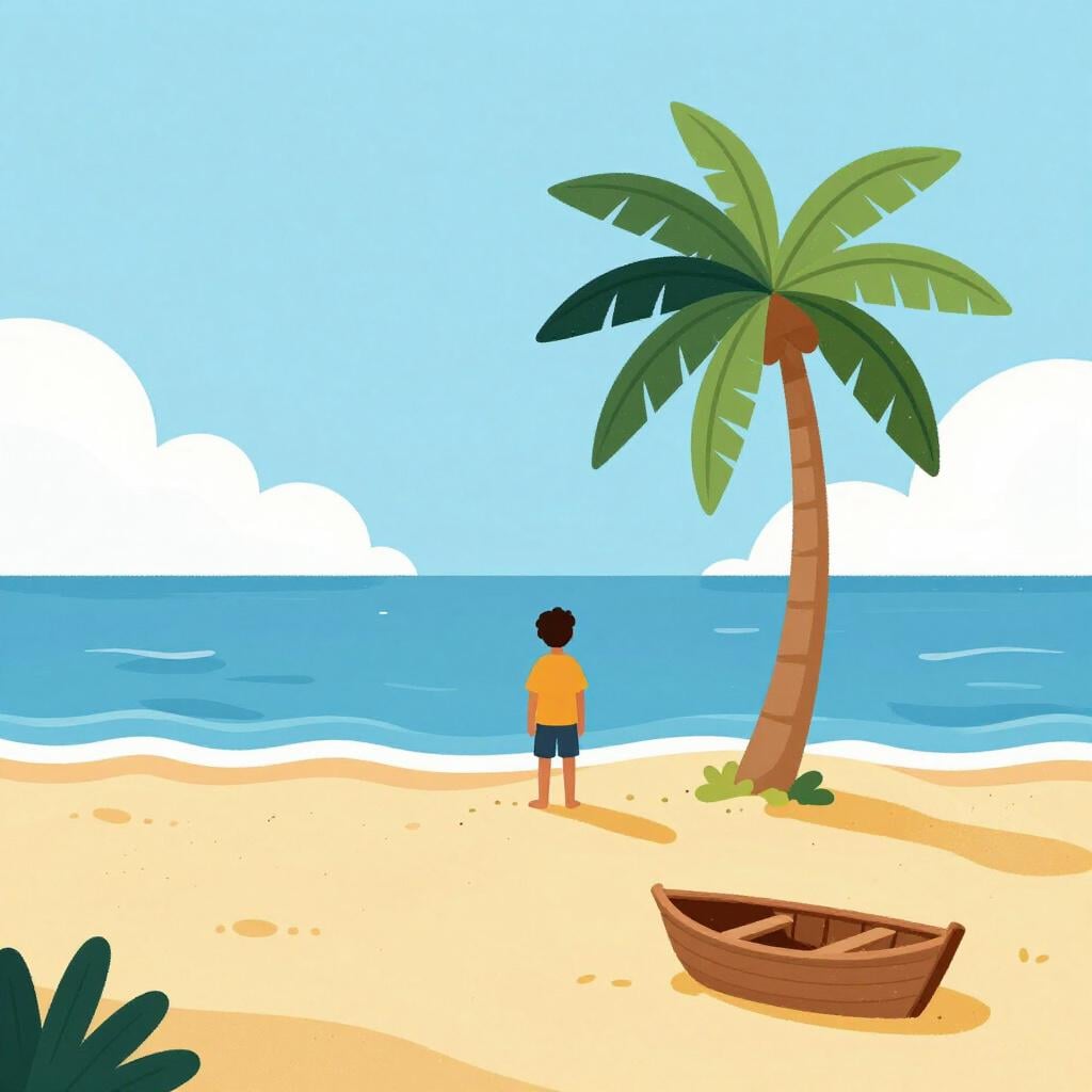 Een persoon die op een klein tropisch eiland staat na een scheepsramp, kijkend naar de horizon.