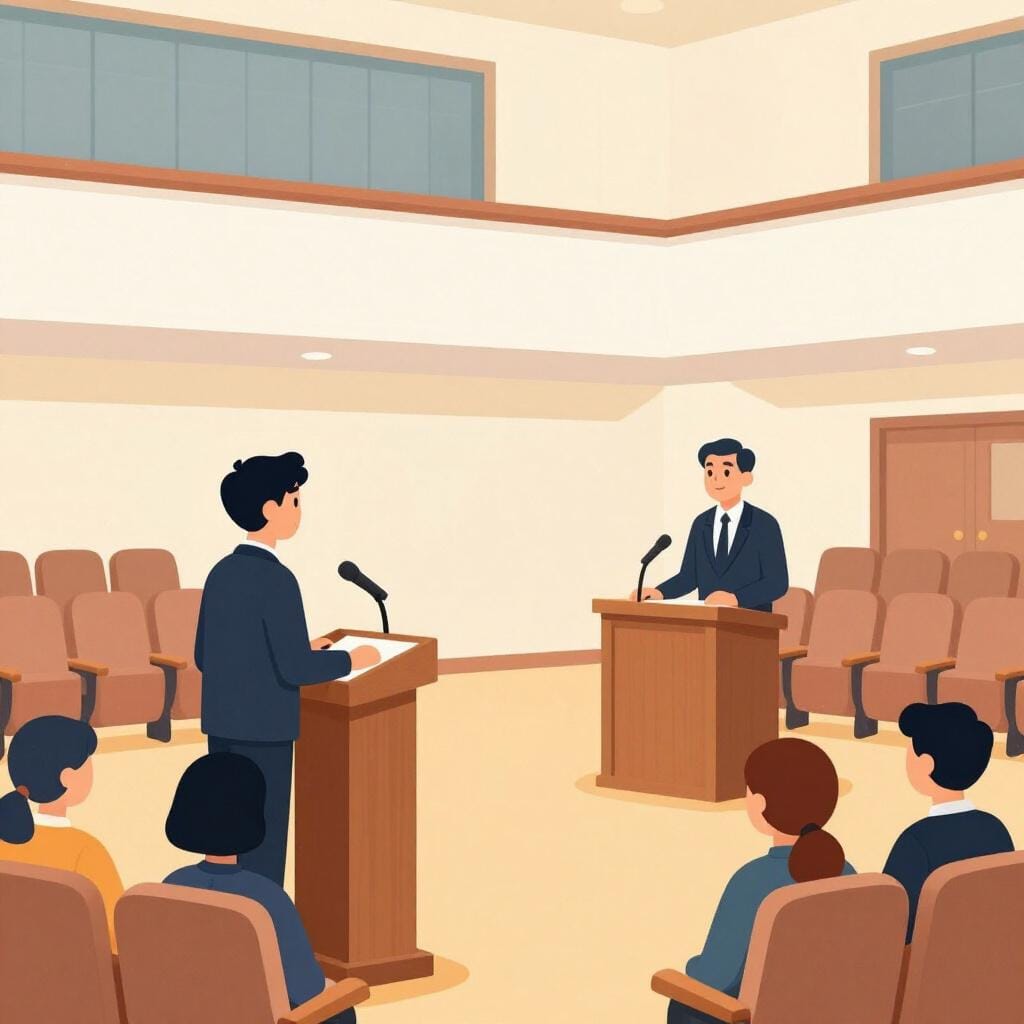 A person standing at a podium in a formal hall, addressing a group of people.