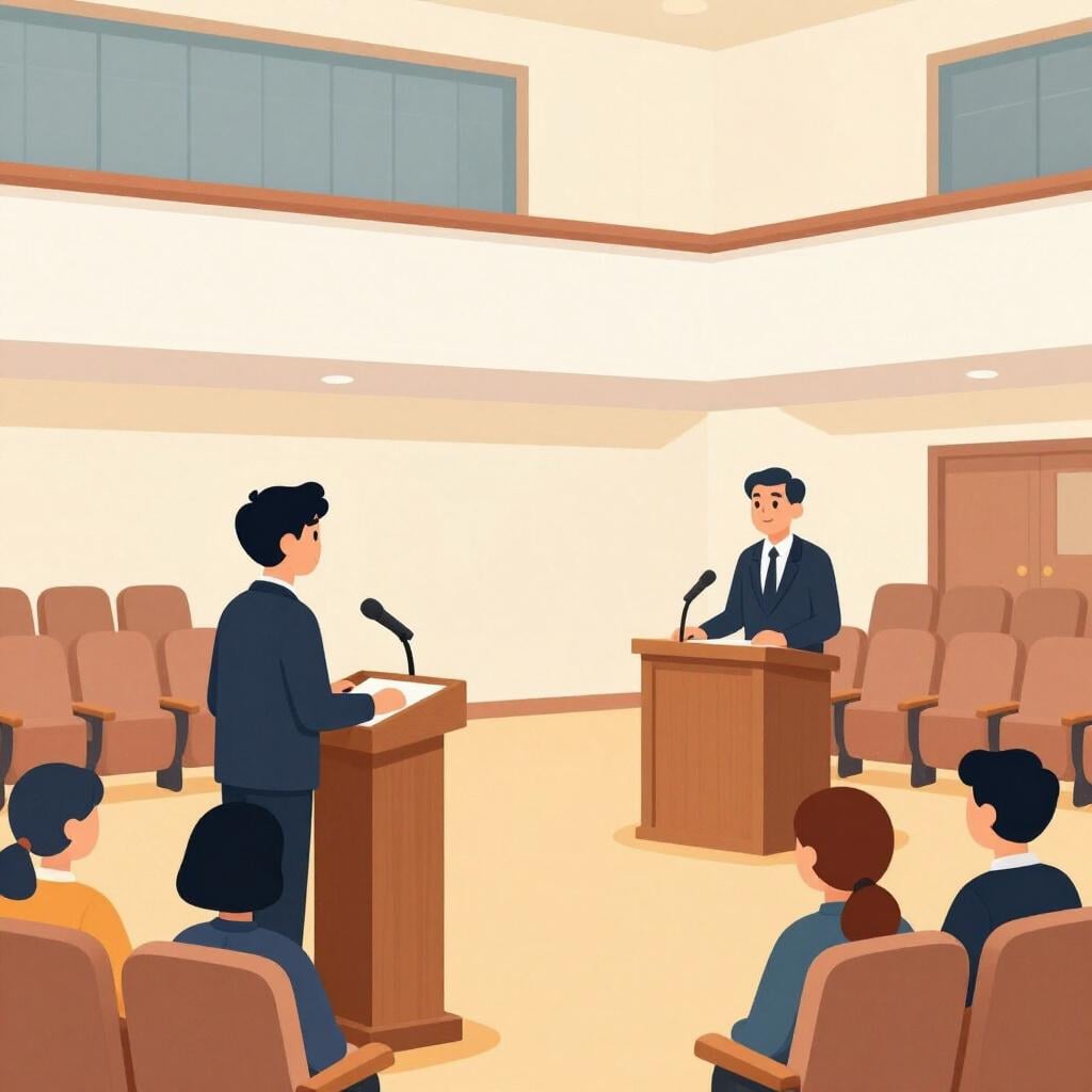 A person standing at a podium in a formal hall, addressing a group of people.