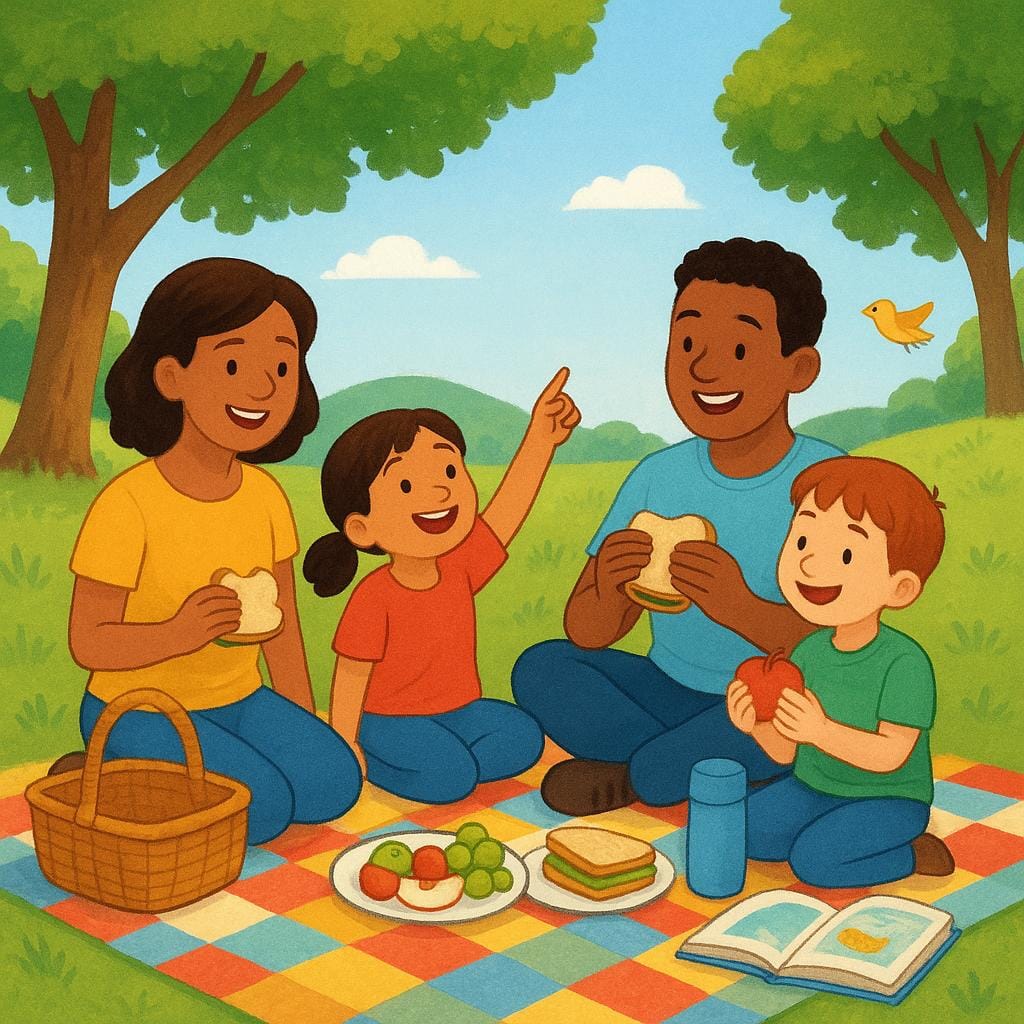 A storybook illustration of a cheerful family enjoying a picnic lunch on a checkered blanket in a sunny park.