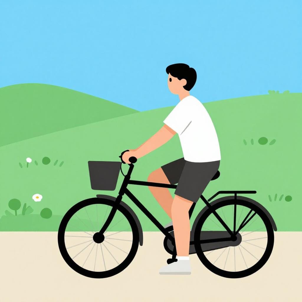 Eine Person steht auf dem Boden neben einem Fahrrad und hat eine Hand am Lenker.