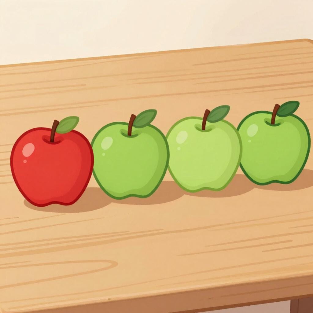 Een rij appels waarbij de kleuren afwisselen tussen rood en groen.