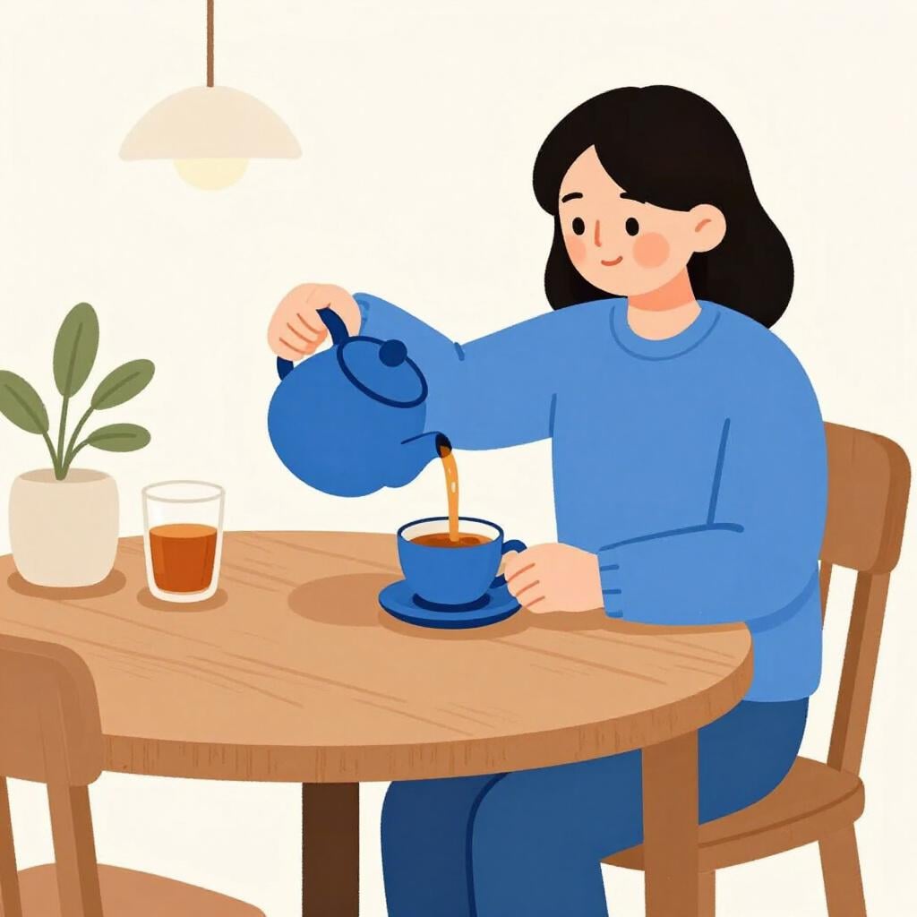 A person sitting at a small wooden table, carefully pouring tea from a teapot into a cup with a small plate of cookies.
