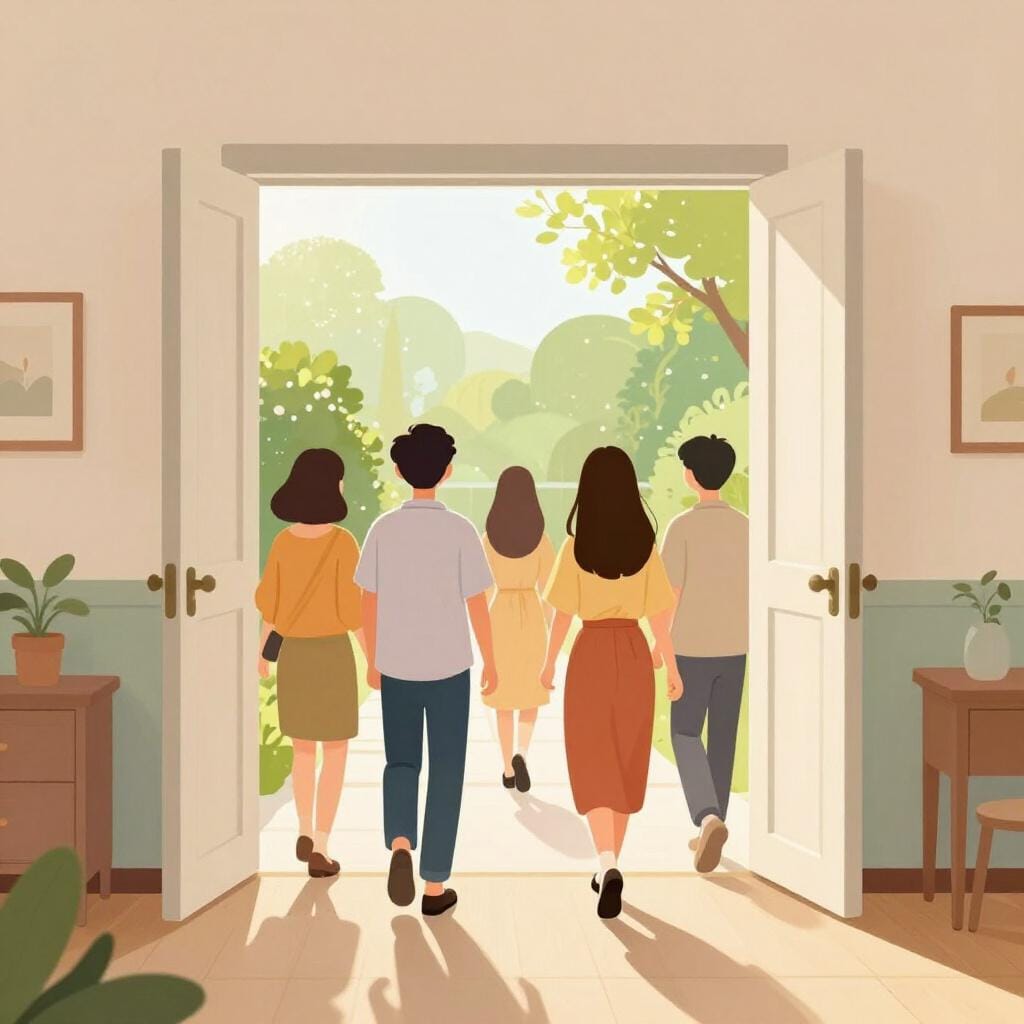 A group of people walking together out of a large open doorway into a bright outdoor area.