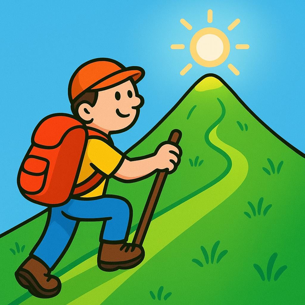 A hiker is climbing a steep mountain path toward the summit under a blue sky, illustrating an ascent.