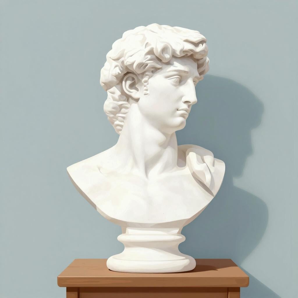 A white marble statue of a person's head sitting on a wooden pedestal in a brightly lit room.