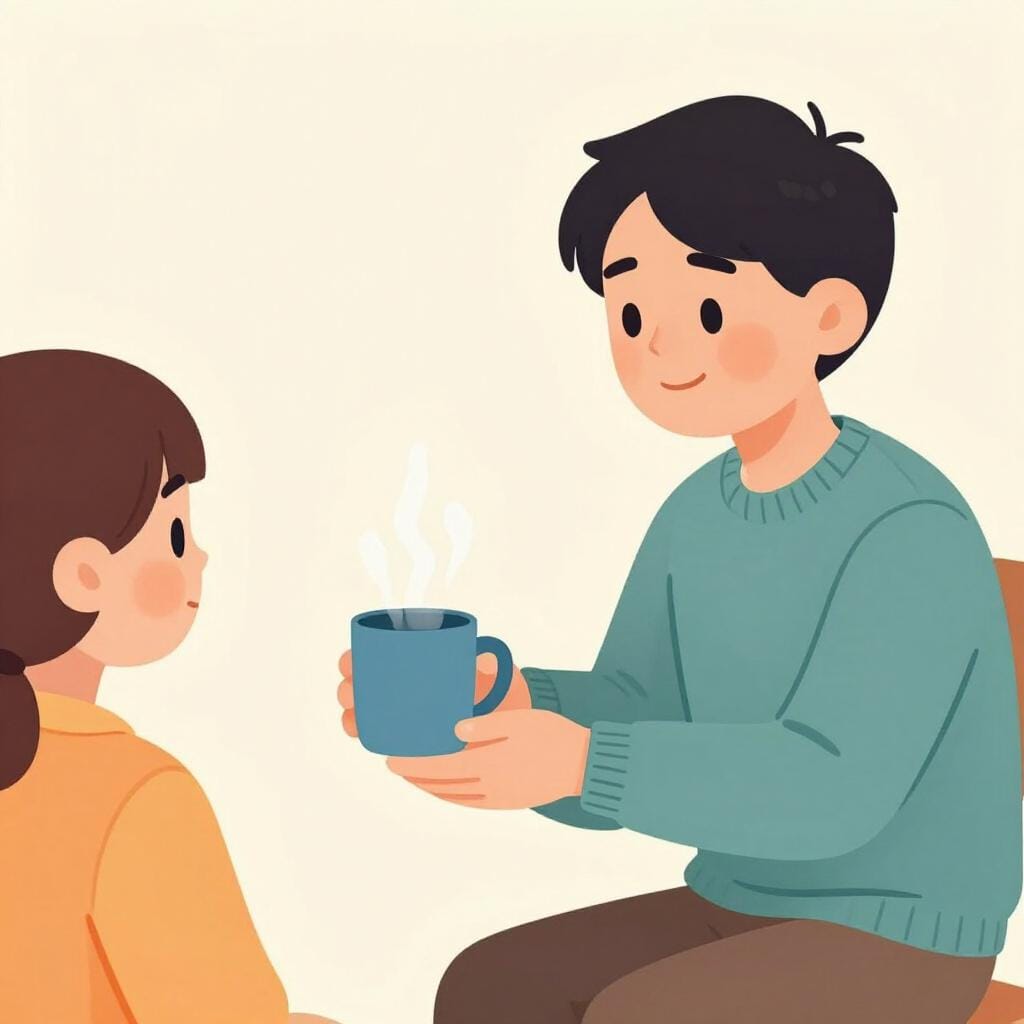A person gently offering a warm cup of tea to a friend who looks upset.
