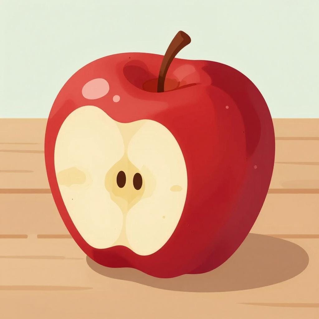Ein halb gegessener roter Apfel auf einem Holztisch.