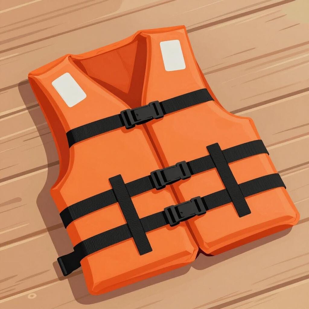 Um colete salva-vidas laranja vivo deitado sobre o convés de um barco de madeira.