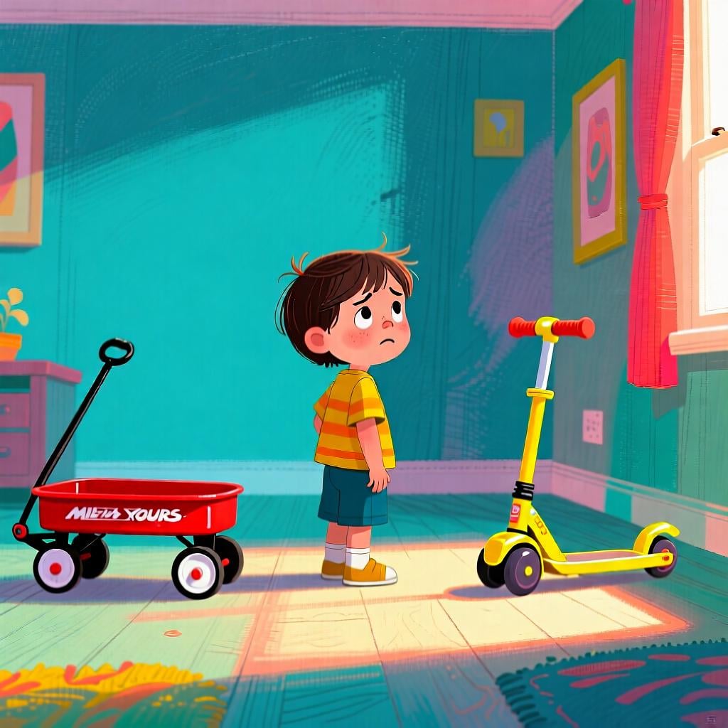 A child standing indecisively, looking back and forth between a bright red wagon and a shiny yellow scooter.