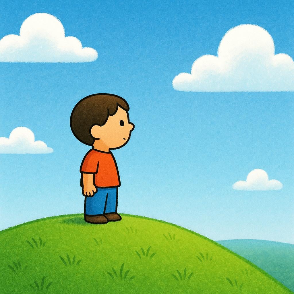 A small, simply drawn child character standing alone on a hilltop, raising a hand to shield their eyes while looking expectantly toward the distant horizon.
